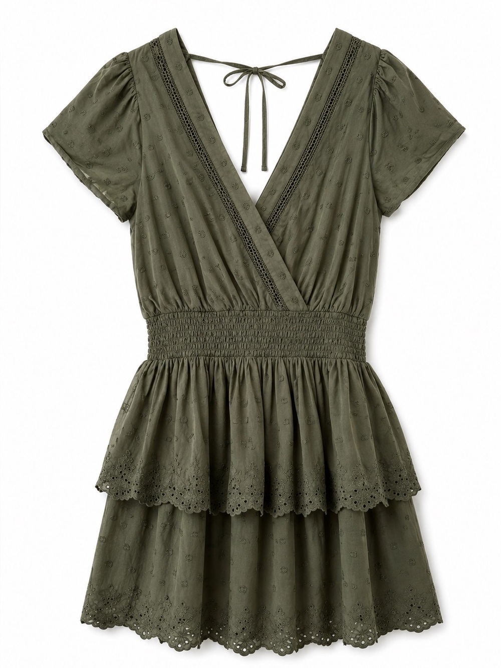 NEW AE Garden Party Eyelet Lace Olive Green Wrap Mini Dress S American Eagle